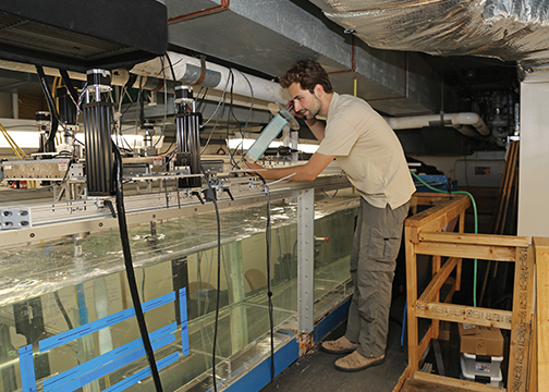 Ilan Upfal in water flume of Breuer Lab